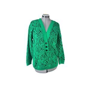 Vintage 80s Alberoy Green Black Abstract V-Neck Pullover Sweater XL